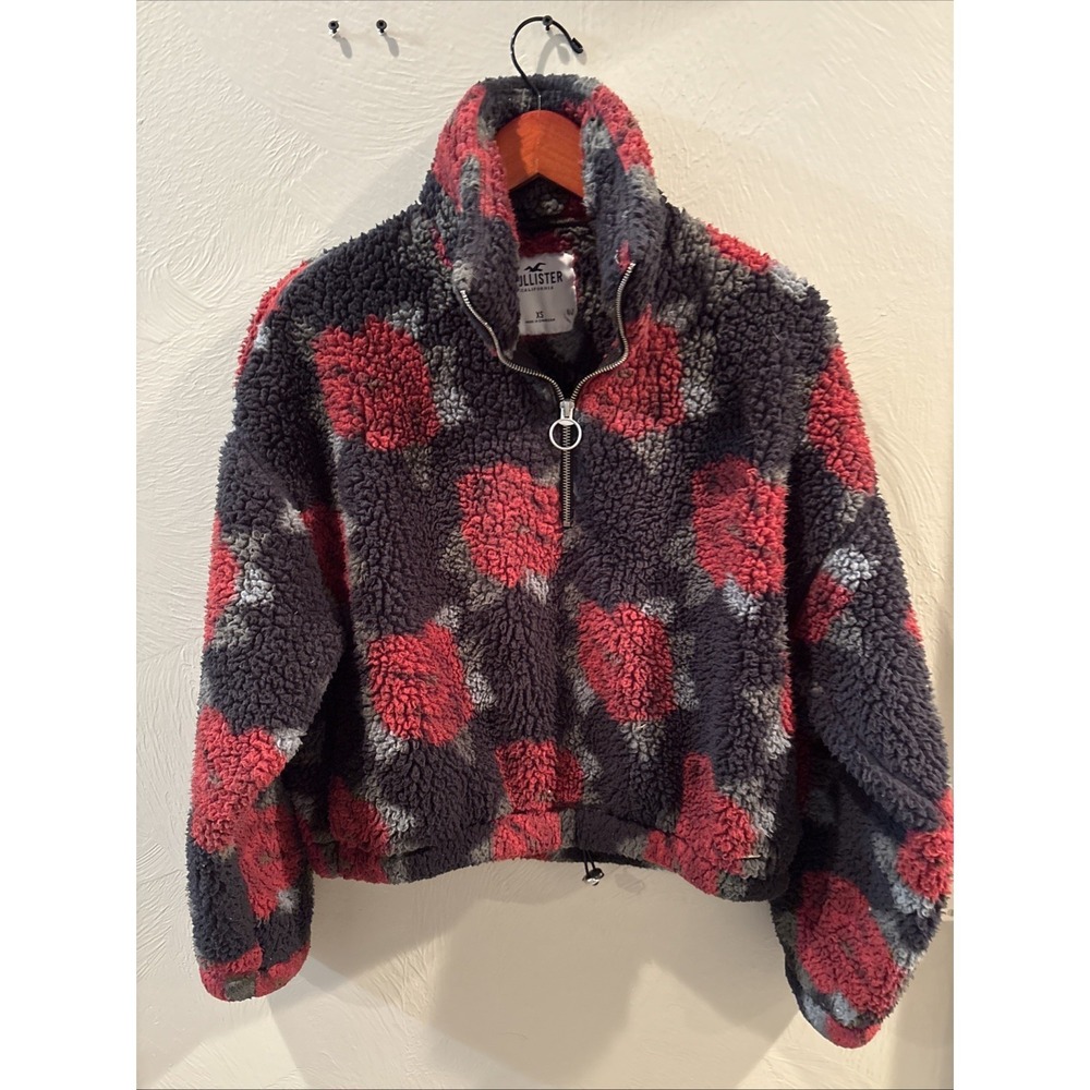 HOLLISTER Floral Rose Teddy Jacket‎ Fuzzy 1/2 Zip Longsleeve Cinch Waist Size XS